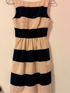 B Darlin Sleeveless Midi Dress in Beige and Black Stripes